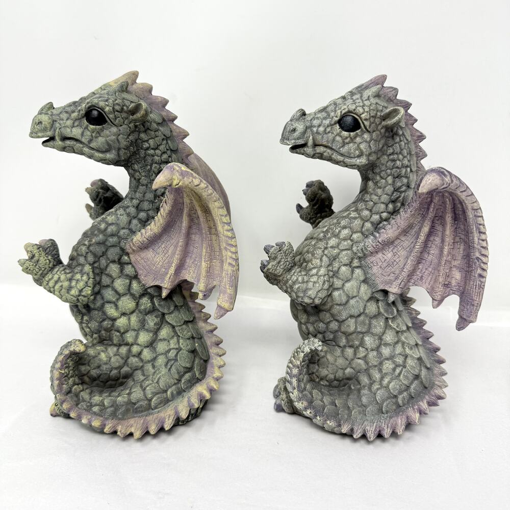 Jaimy Dragon Figurines Pair Resin Fantasy Statues Purple Wings 6” Decor READ